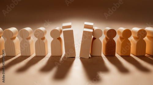 Wooden blocks forming barrier between two groups of figures symbolizing division segregation exclusion discrimination social conflict inequality and separation