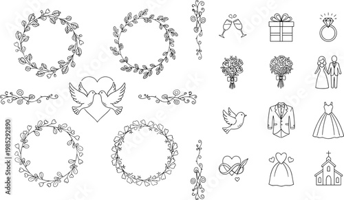 Elegant Wedding Celebration Icon Set Featuring Floral Wreaths Bridal Dresses Groom Suits Rings Doves Hearts and Decorative Ornaments for Romantic Marriage Invitation and Stationery Design