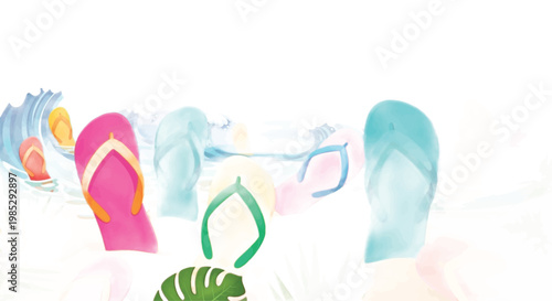 Watercolor flip flops, colorful sandals, beach footwear, summer vacation icons, vector illustrations