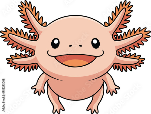 Cute kawaii axolotl cartoon illustration with pink body and frilly orange fins smiling on white