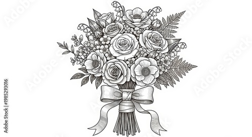 Vintage botanical sketch of a floral bouquet with roses and ribbon, hand drawn black and white flower arrangement, elegant wedding bouquet illustration