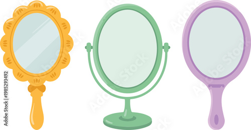 Flat minimalist decorative mirrors vector set with handheld ornate vanity mirror and simple cosmetic mirror isolated on white background