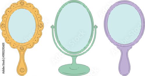 Flat minimalist decorative mirrors vector set with handheld ornate vanity mirror and simple cosmetic mirror isolated on white background