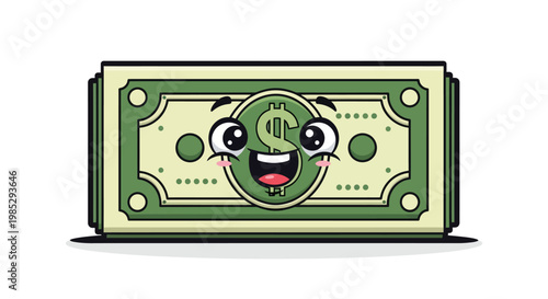 A cheerful cartoon stack of dollar bills with a cute, smiling kawaii face and big eyes.