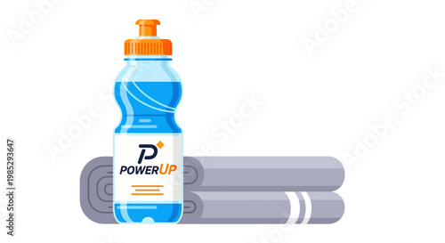 A blue sports drink bottle with a PowerUp logo and a rolled grey fitness towel.