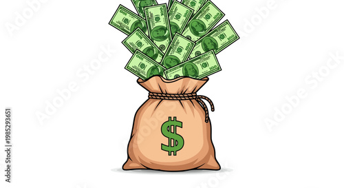 A bulging sack overflowing with US dollar bills, adorned with a prominent dollar sign.