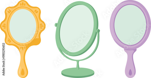 Flat minimalist decorative mirrors vector set with handheld ornate vanity mirror and simple cosmetic mirror isolated on white background