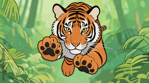 Cartoon Tiger in Dense Green Jungle