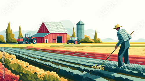 Farmer working in field with tractor and barn illustration, agricultural farming scene