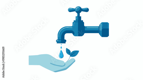 Water conservation and sustainable resource management with a hand holding a plant under a dripping faucet illustration