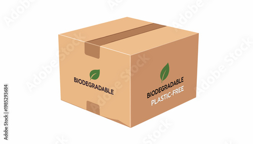 Recyclable cardboard box with green leaf symbol indicating biodegradable and plastic-free packaging