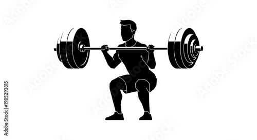 Black silhouette of a muscular man performing a heavy barbell squat exercise.