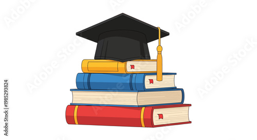 Black mortarboard with a gold tassel resting on a pile of four colorful textbooks.