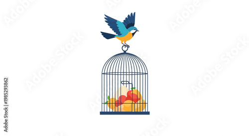 Bird on Cage with Fruit: Freedom and Confinement