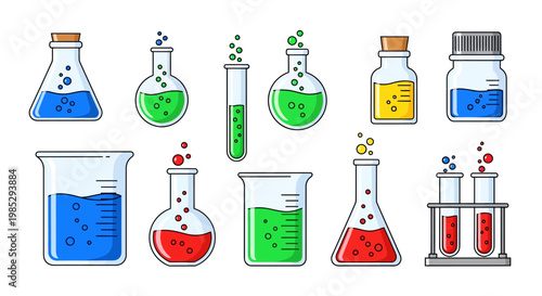Assortment of colorful laboratory glassware with bubbling liquids