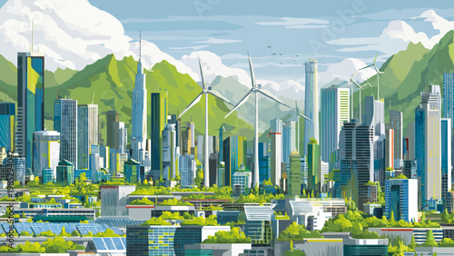 Futuristic cityscape with renewable energy sources like wind turbines and solar panels on buildings