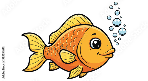 Adorable cartoon goldfish with bubbles, bright orange and yellow fins