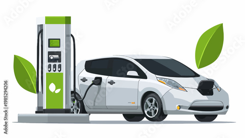 Modern Electric Vehicle Charging Station Concept with Eco-Friendly Car and Green Energy Leaves, Sustainable Future