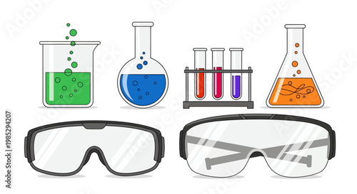 A vector illustration set of science laboratory equipment with colorful chemicals and safety goggles.