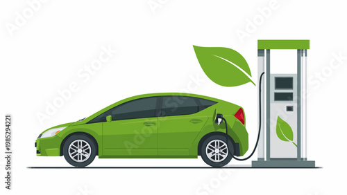 Eco-friendly green car charging at an electric vehicle charging station with leaves