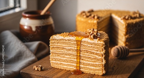 Czech Medovník honey cake slice on rustic oak board 