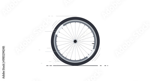 A single, spinning bicycle wheel with a black tire and metal spokes, shown in motion with speed lines.