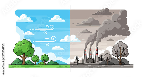 A split-screen illustration contrasting a clean, green environment with a polluted industrial landscape.