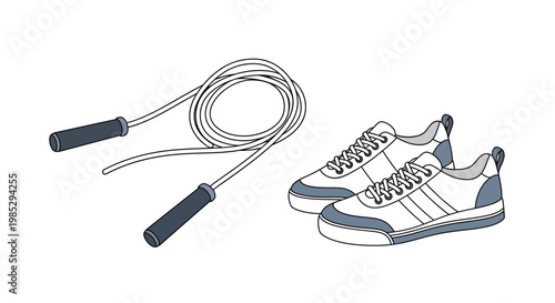 A simple line art illustration of a coiled jump rope and a pair of athletic sneakers for fitness.