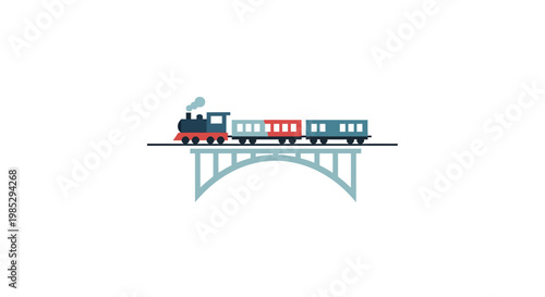 A simple, colorful cartoon steam train with passenger cars crossing a railway bridge.