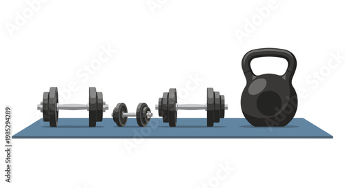 A set of black dumbbells and a kettlebell on a blue exercise mat for strength training.