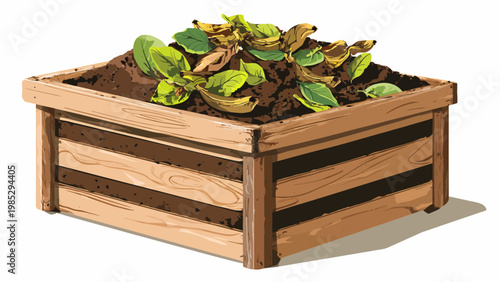 Colorful graphic depicting a backyard compost bin with organic waste, symbolizing sustainable soil enrichment