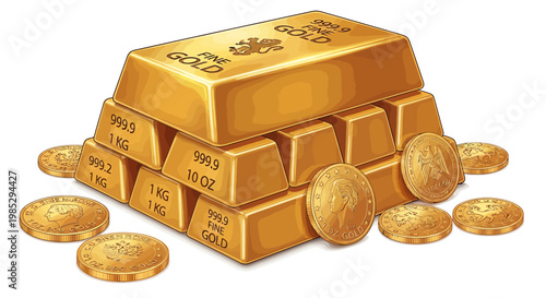 A detailed illustration of stacked fine gold bars and various shiny gold coins.