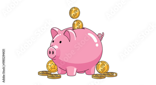 A cute pink piggy bank illustration with falling gold dollar coins for saving money.