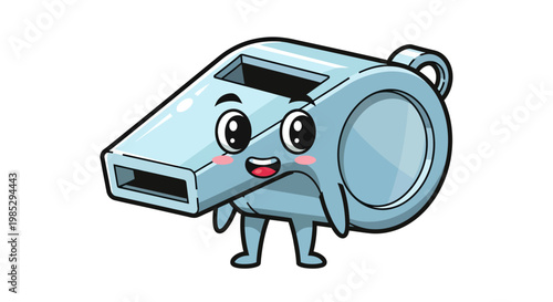 A cute light blue cartoon whistle character with a happy smiling face and big eyes.