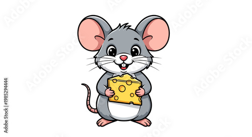 A cute grey cartoon mouse happily holding a wedge of Swiss cheese.