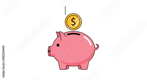 A cute cartoon pink piggy bank with a shiny gold dollar coin being inserted into the slot for savings.
