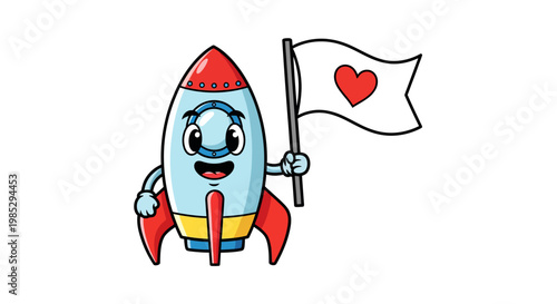 A cute cartoon rocket character with a happy face holding a white flag with a red heart symbol.