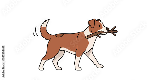 A cute brown and white cartoon dog walking happily while carrying a stick in its mouth.