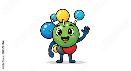 A cute and friendly cartoon molecule character mascot with a happy smiling face waving hello.