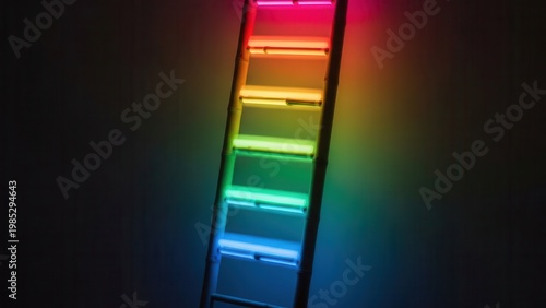 Vibrant illuminated ladder ascending through a spectrum of glowing colors in darkness