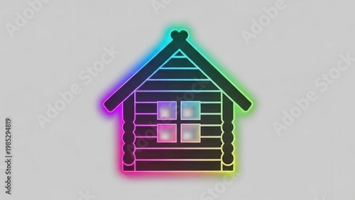 Vibrant neon glow outlines a charming digital log cabin illustration on a clean light gray