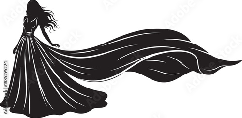Silhouette of a woman in a long dress with a flowing train.