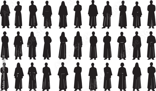 Group of anonymous silhouettes wearing flowing robes or academic gowns on a checkered background.