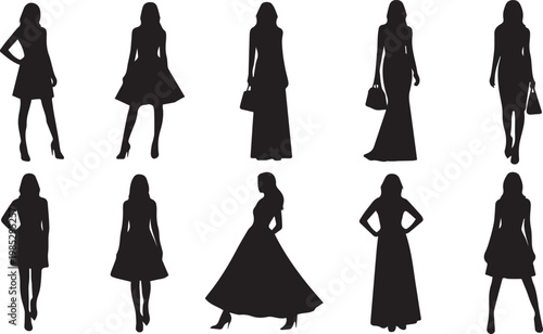 Collection of elegant woman silhouettes in various dresses and poses.