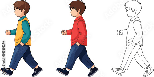 Boy walking animation sequence in different styles, side view child movement poses with color and outline versions vector illustration isolated