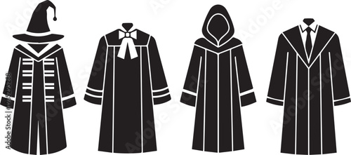 Black academic robes and graduation caps on transparent background, set of academic attires.