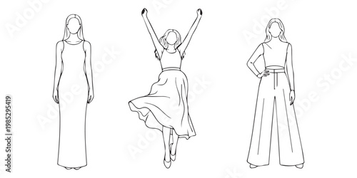 Fashionable women in different outfits including dresses and pants illustrated in outline style.
