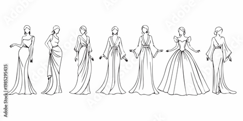 Collection of elegant women in various styles of evening gowns and formal dresses shown in line art.