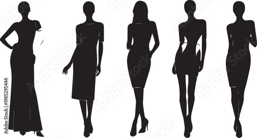 Black silhouettes of women in various stylish dresses and outfits on a grey checkered background.