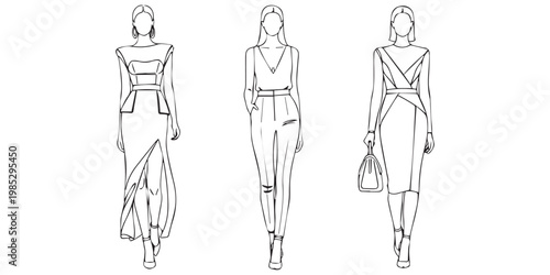 Fashionable women walking the runway in modern outfits like dresses and pantsuits illustrated in outline.